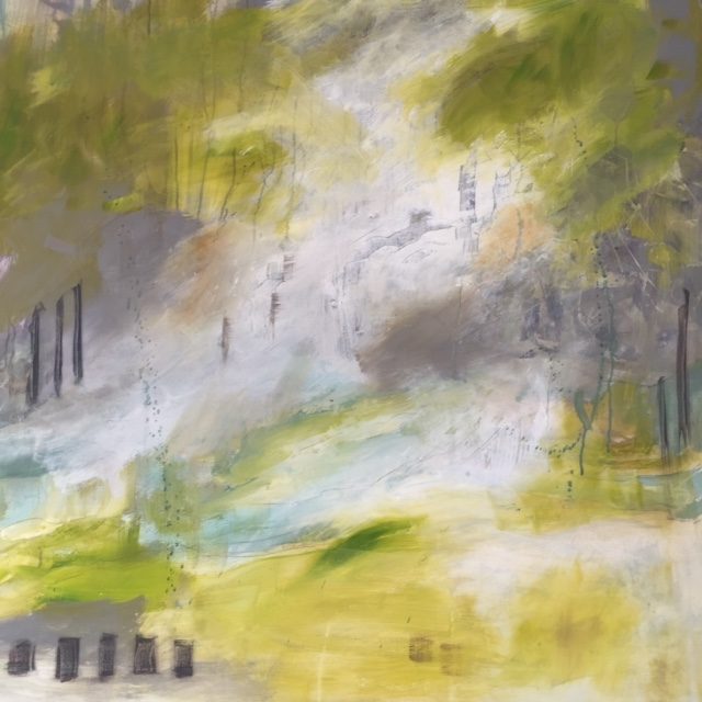 Winter through the trees. Multi media on canvas 1m x 1m